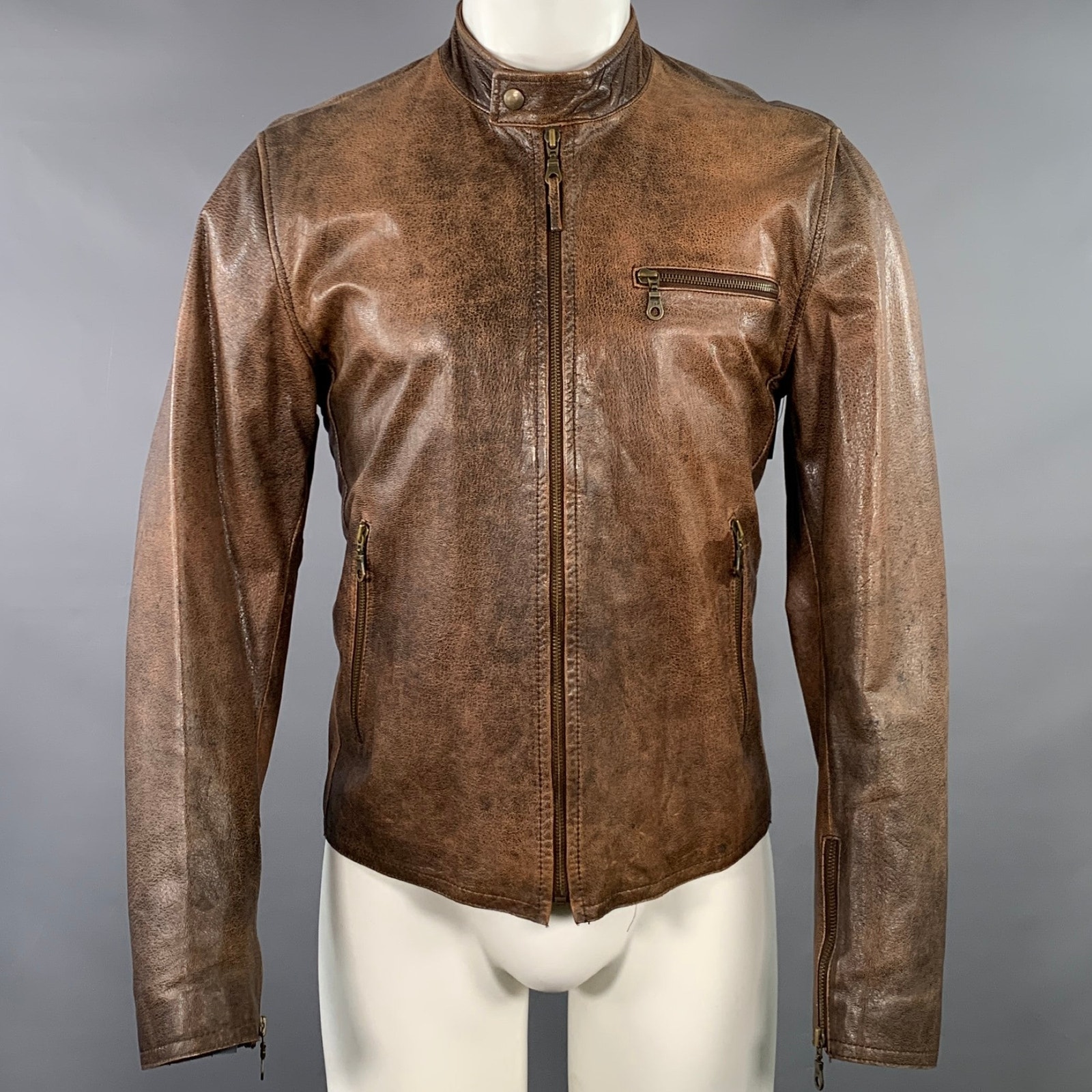Compagnia Delle Pelli Size M Brown Leather Zip Up Racer Jacket